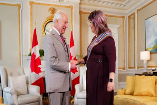 Britain's King Charles, left, meets with Métis National Council President Victoria Pruden at Rideau Hall in Ottawa, Ontario, Monday, May 26, 2025.