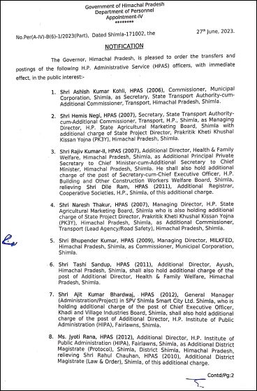 Himachal officers Transfers news