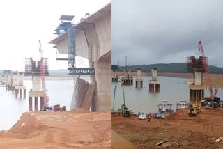 Etv Bharatfalling-water-level-hampered-sigandur-bridge-work-in-shivamogga