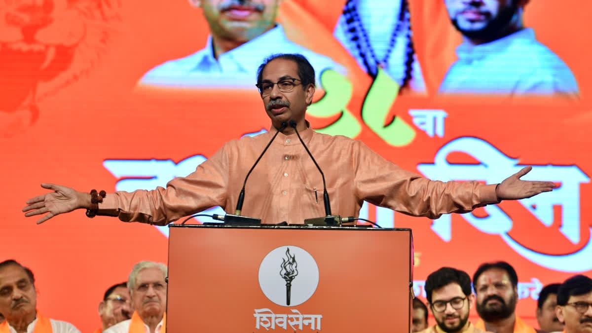 Shiv Sena (UBT) Chief Uddhav Thackeray addresses the gathering on the party's Foundation Day, at Shanmukhanand in Mumbai on June 20, 2024.