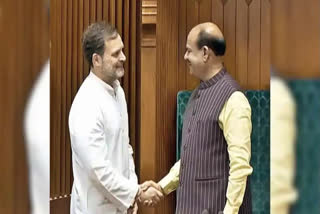 Rahul Gandhi congratulating Om Birla on Wednesday after the latter was elected as Lok Sabha Speaker.