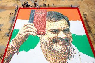 Leader of the Opposition in Lok Sabha and Congress MP Rahul Gandhi’s portrait being created using notebooks on the occasion of his 55th birthday celebrations at Central College Grounds in Bengaluru on Thursday