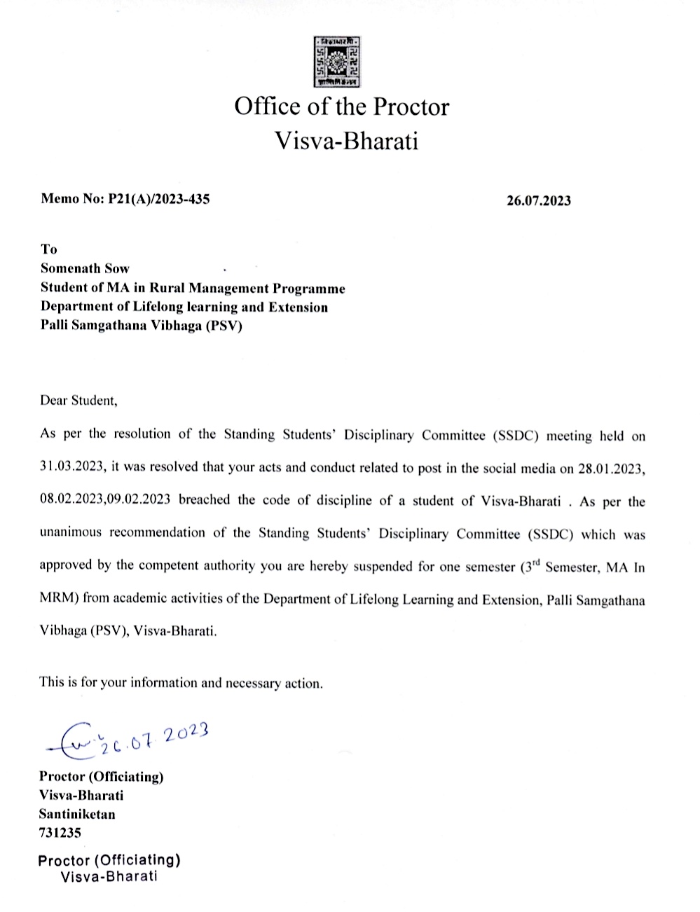 Letter to Somnath Sow by Visva Bharati