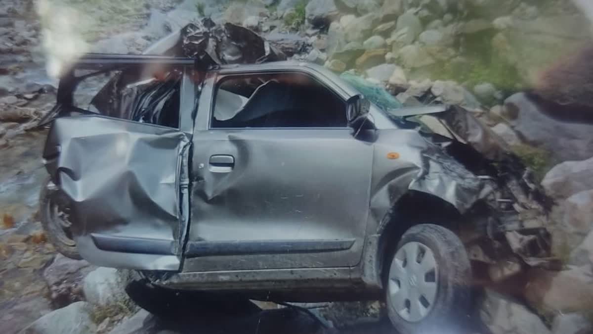 The wrecked car in the road accident in Daksum area of Anantnag in Jammu and Kashmir on Saturday, July 27, 2024