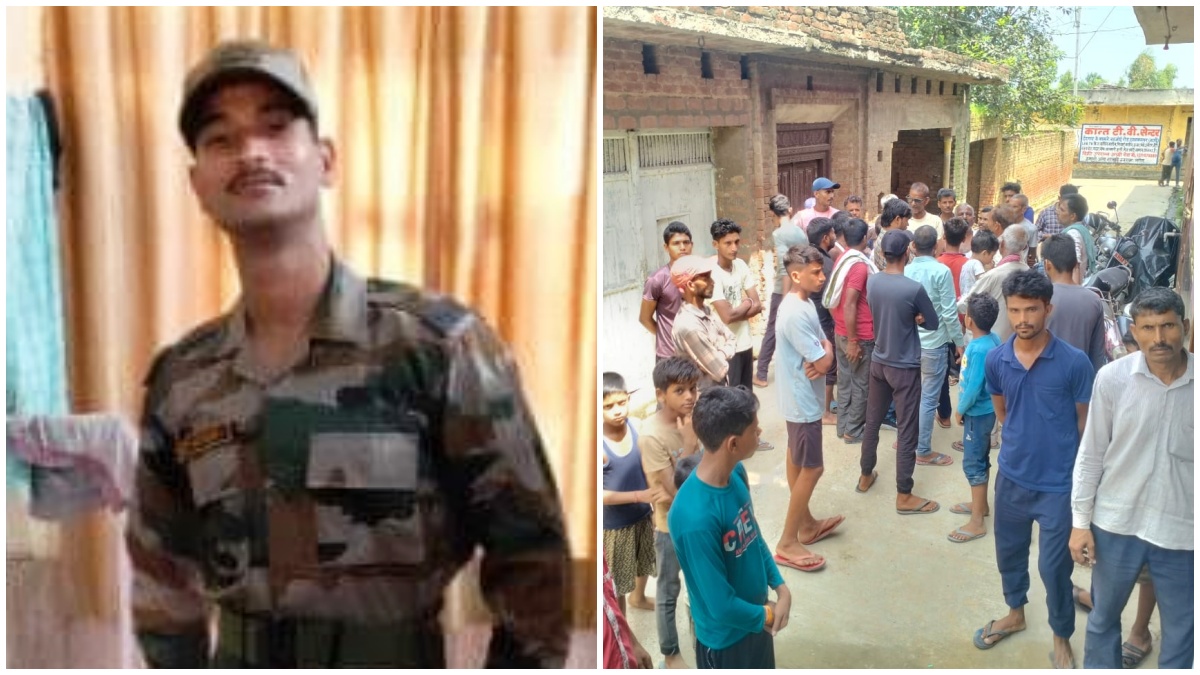 (left) Rifleman Mohit Rathour; (Right) Mourners have started to assemble at his house in Badaun, Uttar Pradesh.