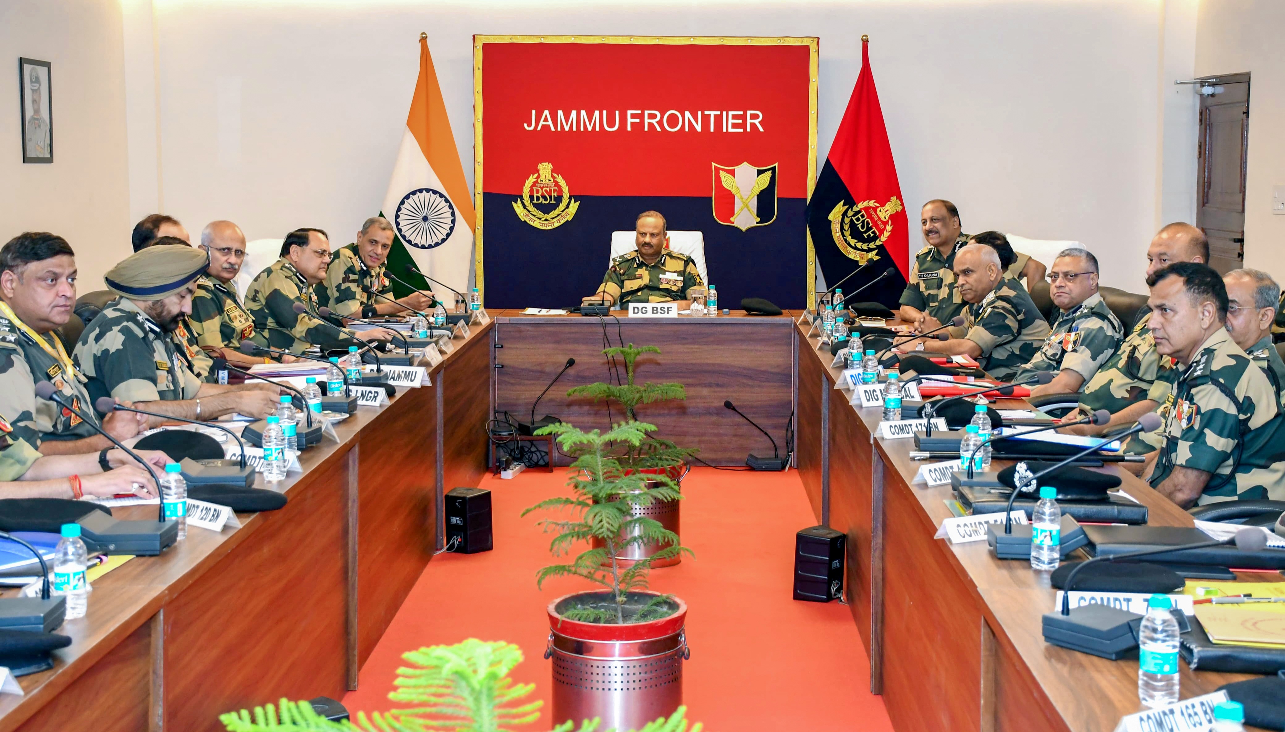 BSF DG IPS Nitin Agrawal attends a joint security meeting with field commanders, in Jammu on July 21.