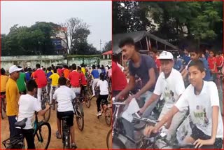 Children take out cycle rally on National Sports Day in Jamtara