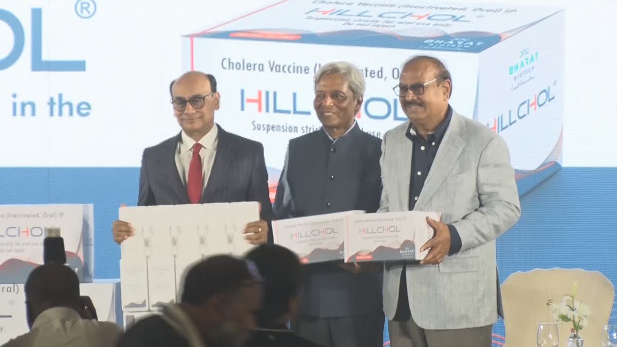 Bharat Biotech Executive Chairman Krishna Ella (Left) and others launch oral cholera vaccine HILLCHOL in Hyderabad on Tuesday, August 27, 2024.