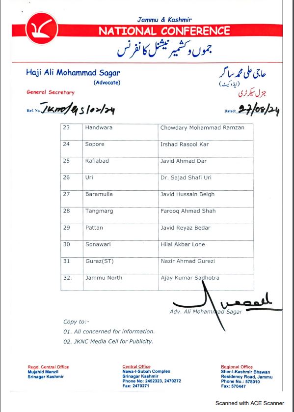 جموں و کشمیر نیشنل کانفرنس نے اسمبلی انتخابات کیلئے امیدواروں کی پہلی فہرست جاری کی