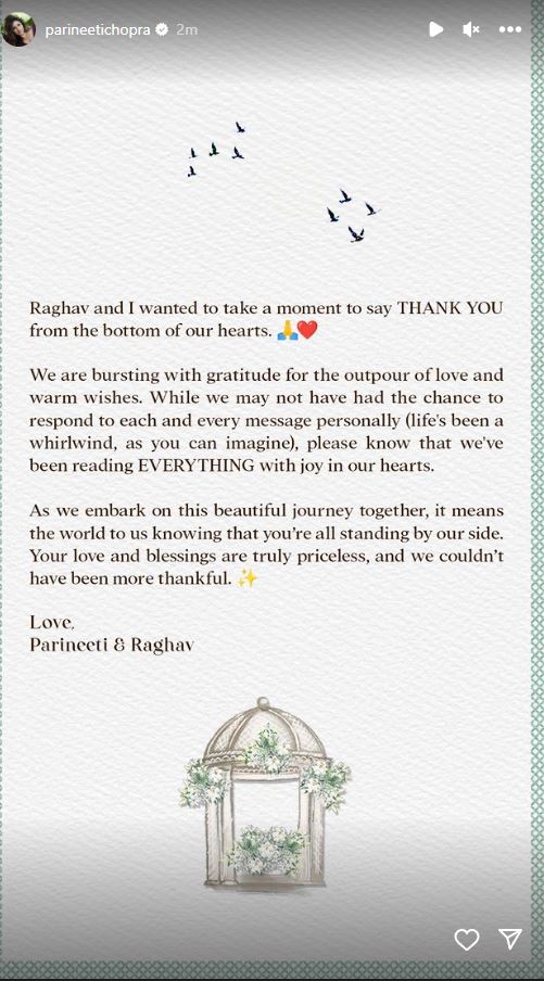 Parineeti Shared thank you note