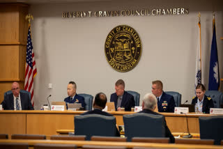 Members of the Coast Guard's Titan Submersible Marine Board of Investigation listen during the formal hearing inside the Charleston County Council Chambers, Monday, Sept. 23, 2024, in North Charleston, S.C.