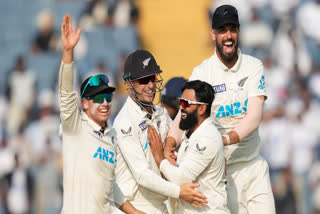 New Zealand cricket team celebrate their Test series win against India