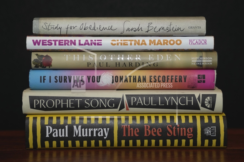 The books are displayed during a photocall for the Booker Prize 2023, in London