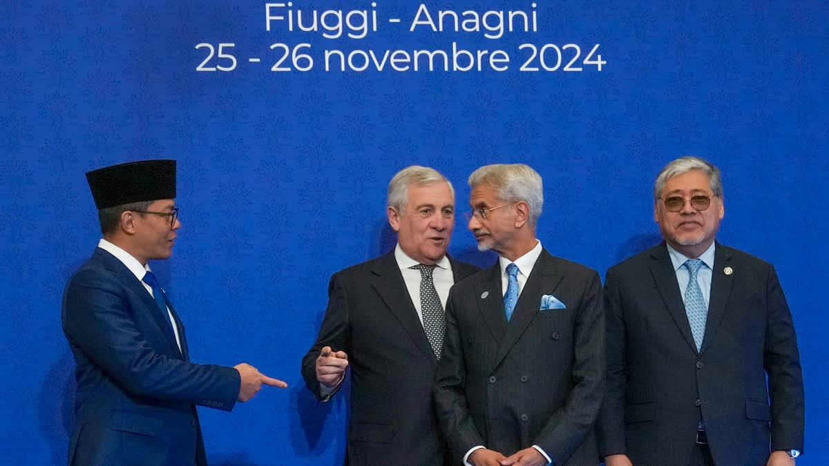 Indonesia’s Foreign Minister Sugiono, Italy's Foreign Minister Antonio Tajani, India's Foreign Minister Subrahmanyam Jaishankar, Philippine’s Foreign Minister Enrique Manalo prepare to pose for a family photo at the G7 of foreign Ministers in Fiuggi, south-east of Rome, on November 26, 2024.