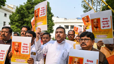 BJP MLAs took out a rally in the Behala area of Kolkata on Tuesday seeking the immediate release of arrested Bangladeshi Hindu community leader Chinmoy Krishna Das Brahmachari.