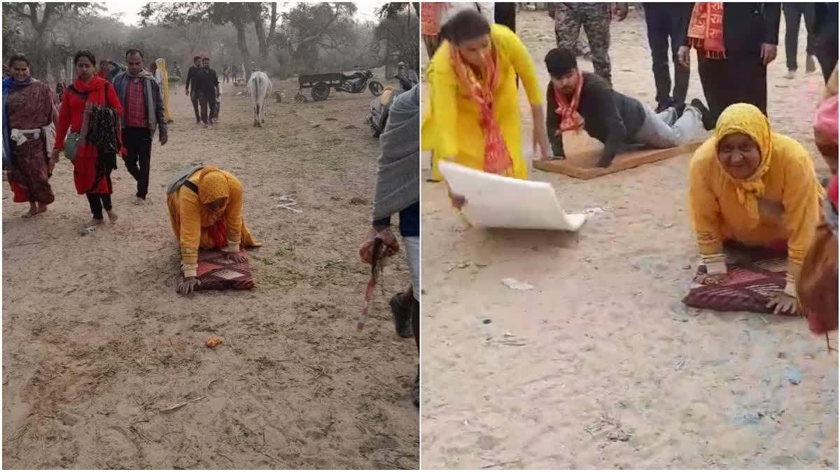 Rajasthan CM Bhajan Lal Sharma's wife and son are doing Dandavat Parikrama of Giriraj Maharaj in Govardhan