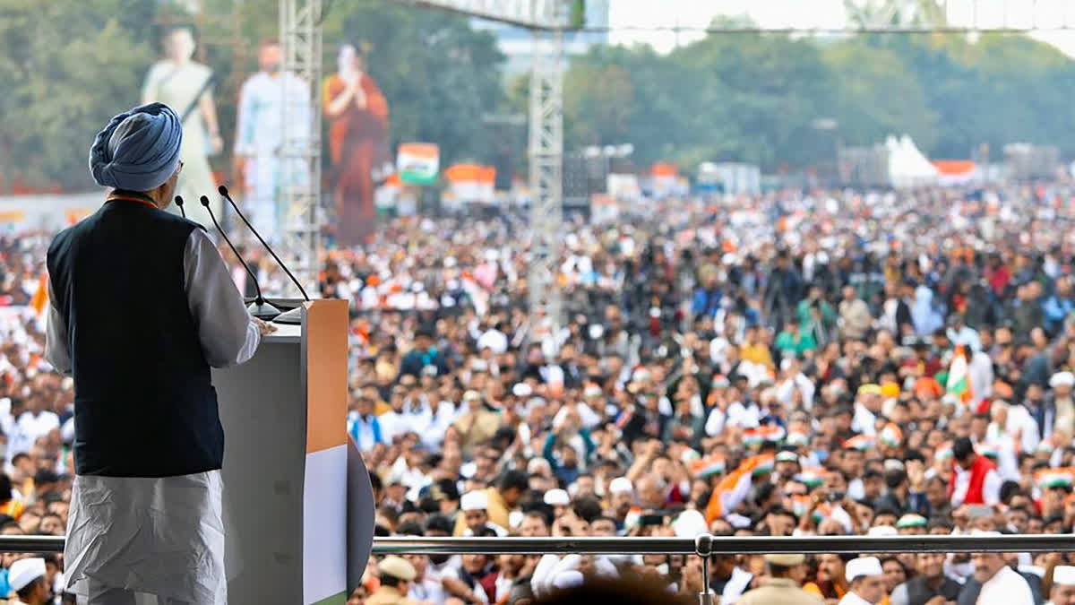 In this Dec. 14, 2019 file image, senior Congress leader Manmohan Singh addresses the party workers during the party's 'Bharat Bachao' rally at Ramlila Maidan in New Delhi.