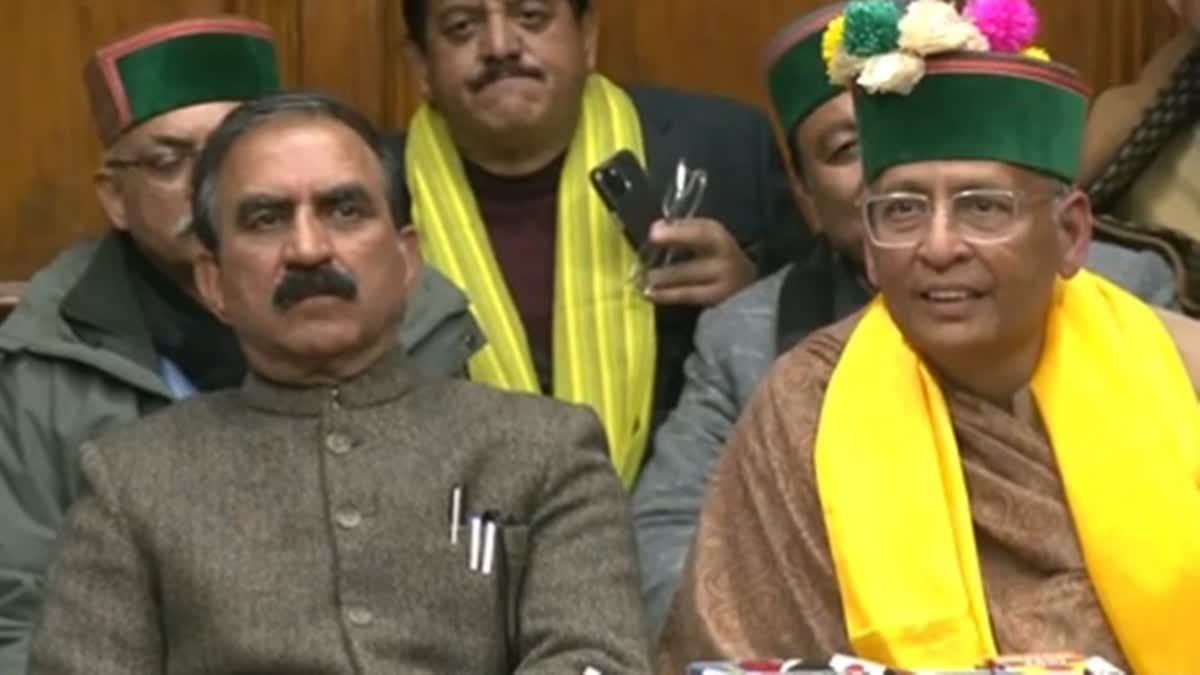 Himachal CM Sukhwinder Sukhu (L) and Abhishek Manu Singhvi address a  presser after party's shock defeat in Rajya Sabha election