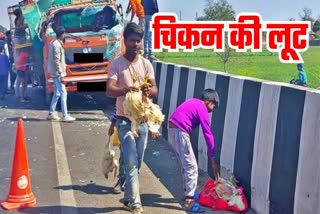 Etv Bharat chicken-robbery-in-etawah-after-accident-of-dcm-truck-on-highway