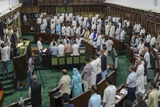 Jammu and Kashmir Chief Minister Omar Abdullah with MLAs observes silence to pay tributes to the victims of Pahalgam terror attack during the one-day special session of the J&K Assembly, in Srinagar, Monday, April 28, 2025.