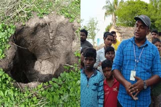 Five feet deep crater created by a falling meteorite (L) at Achamangalam village next to Jolarpet in Tamil Nadu's Tirupathur district stirs curiosity in the Tamil Nadu Science and Technology Center