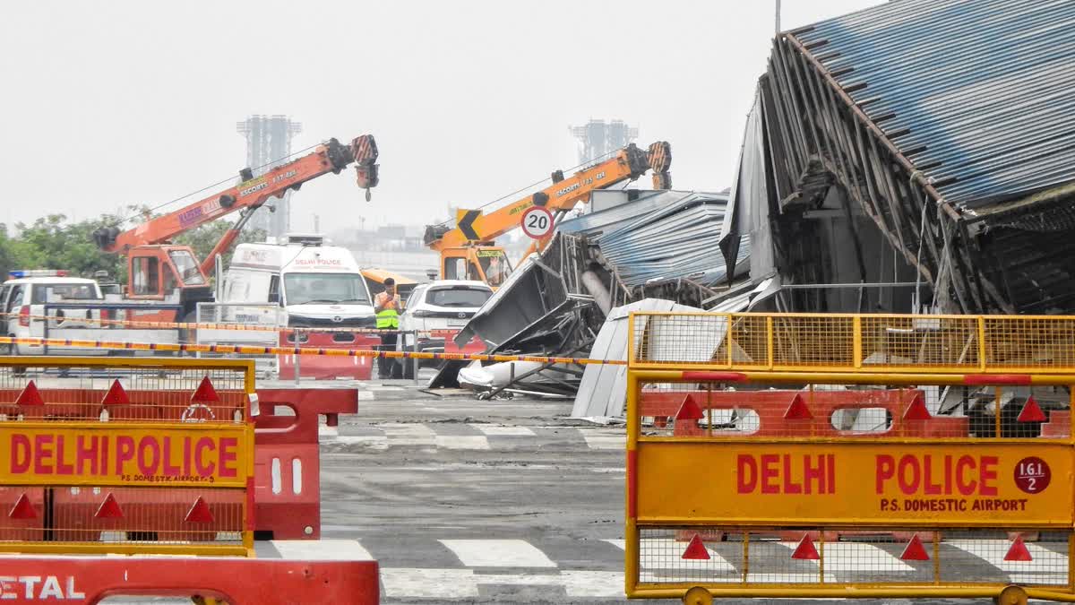A portion of canopy collapsed at Delhi airport's Terminal-1 after heavy rainfall in New Delhi on Friday, June 28, 2024.