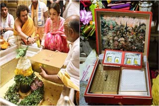 (Left) Nita Ambani offers a special wedding invitation card to Shri Kashi Vishwanath Dham in Varanasi (Left) Wedding card (ETV Bharat)