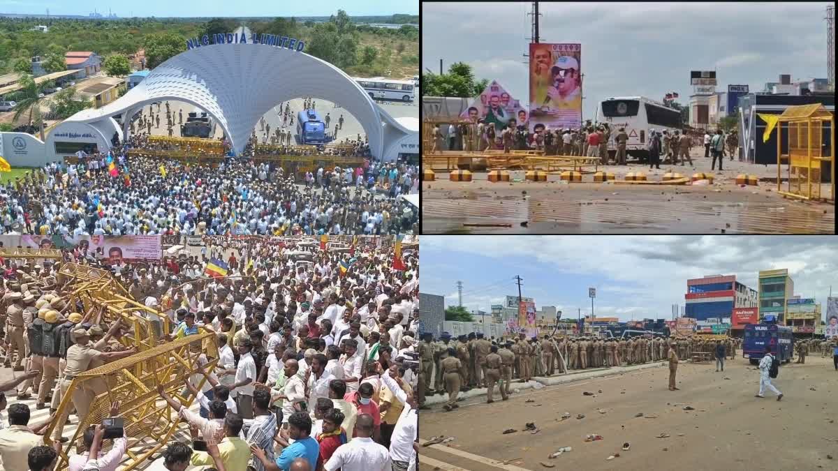 NLC land acquisition issue  Anbumani Ramadoss detained  PMK cadres turn violent  ಭೂಸ್ವಾಧೀನಕ್ಕೆ ಮುಂದಾದ ಎನ್‌ಎಲ್‌ಸಿ  ಭುಗಿಲೆದ್ದ ಪ್ರತಿಭಟನೆ  ಎನ್‌ಎಲ್‌ಸಿಗೆ ಮುತ್ತಿಗೆ ಹಾಕಿ ಪ್ರತಿಭಟನೆ  ಪಾಟ್ಟಾಲಿ ಮಕ್ಕಳ್ ಕಚ್ಚಿ ಪಕ್ಷ  ಅನ್ಬುಮಣಿ ರಾಮದಾಸ್ ಬಂಧನ  ಕಲ್ಲಿದ್ದಲು ಗಣಿ ವಿಸ್ತರಣೆ  ಪಾಟ್ಟಾಲಿ ಮಕ್ಕಳ್ ಕಚ್ಚಿ ಪಕ್ಷದ ನಾಯಕ ಅನ್ಬುಮಣಿ ರಾಮದಾಸ್