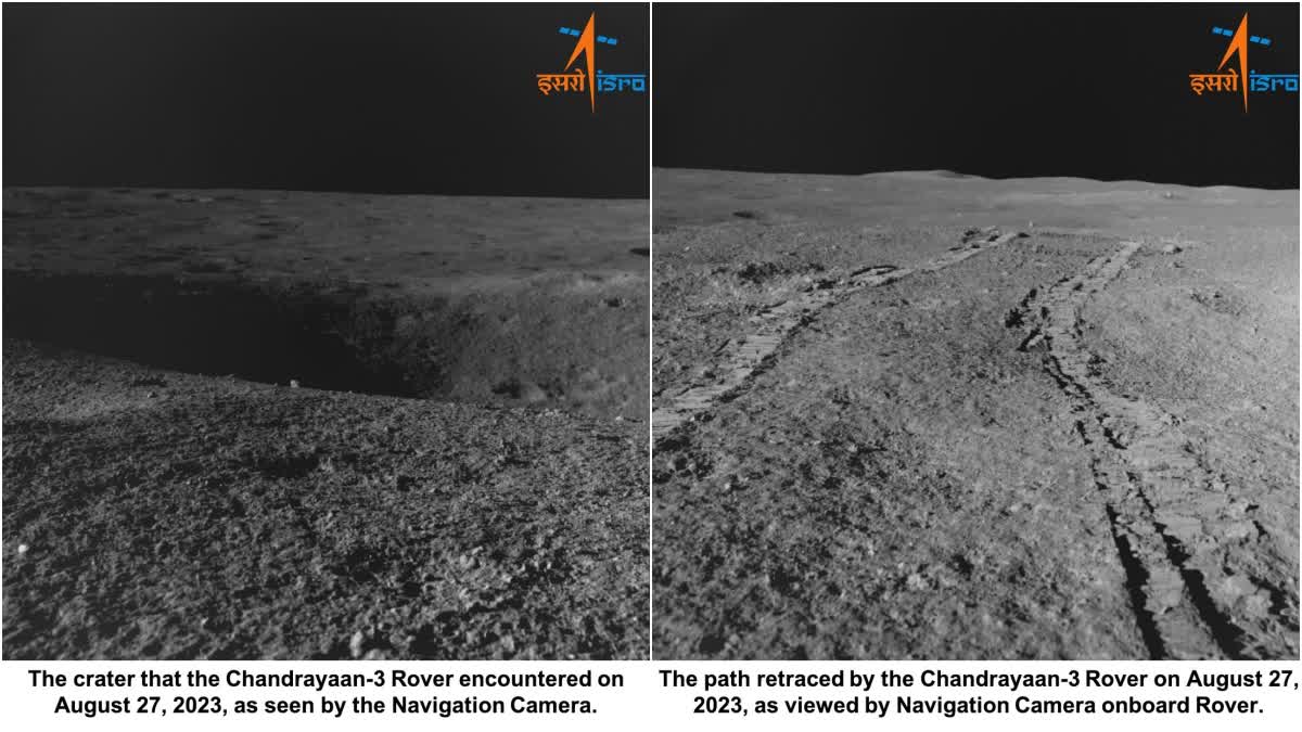 Chandrayaan 3  Chandrayaan 3 Rover retrace path  Chandrayaan 3 Rover  Pragyan Rover retrace its path  Rover retrace its path because of a crater  Crater on the Path  ISRO  Crater  മുന്നില്‍ വമ്പന്‍ ഗര്‍ത്തം  വഴി മാറി സഞ്ചാരം തുടര്‍ന്ന് റോവര്‍  ചിത്രങ്ങള്‍ പങ്കുവച്ച് ഐഎസ്‌ആര്‍ഒ  ഐഎസ്‌ആര്‍ഒ  റോവര്‍  ചന്ദ്രയാന്‍ 3