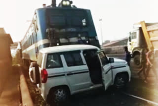 Occupants travelling in a Bolero vehicle had a close shave when it was by a goods train in the restricted zone of the Paradip Port Trust area in Jagatsinghpur district of Odisha, on Monday.