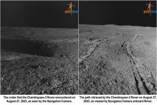 Chandrayaan 3  Chandrayaan 3 Rover retrace path  Chandrayaan 3 Rover  Pragyan Rover retrace its path  Rover retrace its path because of a crater  Crater on the Path  ISRO  Crater  മുന്നില്‍ വമ്പന്‍ ഗര്‍ത്തം  വഴി മാറി സഞ്ചാരം തുടര്‍ന്ന് റോവര്‍  ചിത്രങ്ങള്‍ പങ്കുവച്ച് ഐഎസ്‌ആര്‍ഒ  ഐഎസ്‌ആര്‍ഒ  റോവര്‍  ചന്ദ്രയാന്‍ 3