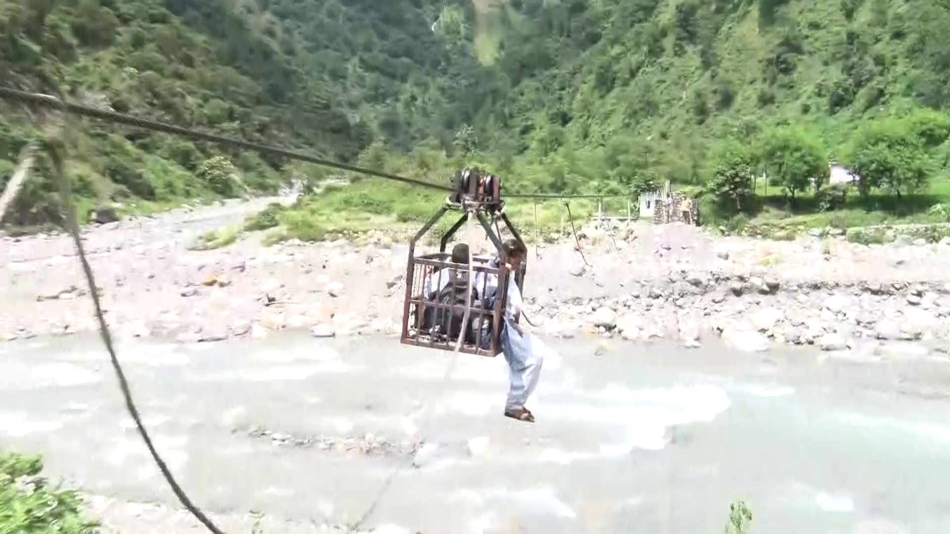 People Crossing River By Trolley in Tehri