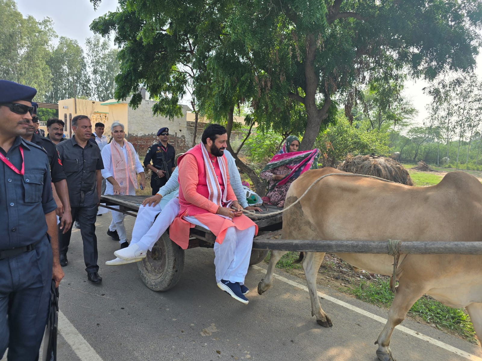 Chief Minister Nayab Singh Saini rides bullock cart in Jind of Haryana