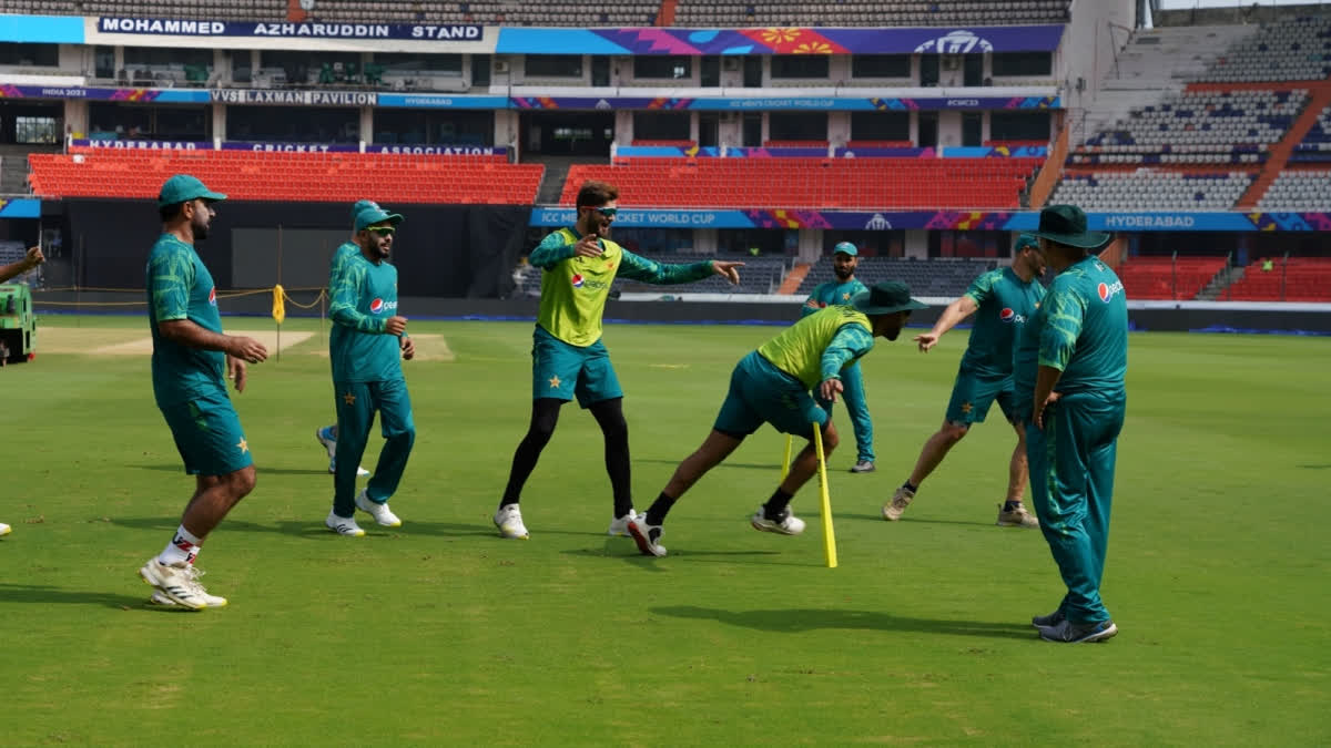 Pakistan Cricket team hit nets only after 12 hours of landing in Hyderabad at Rajiv Gandhi International stadium in Hyderabad.