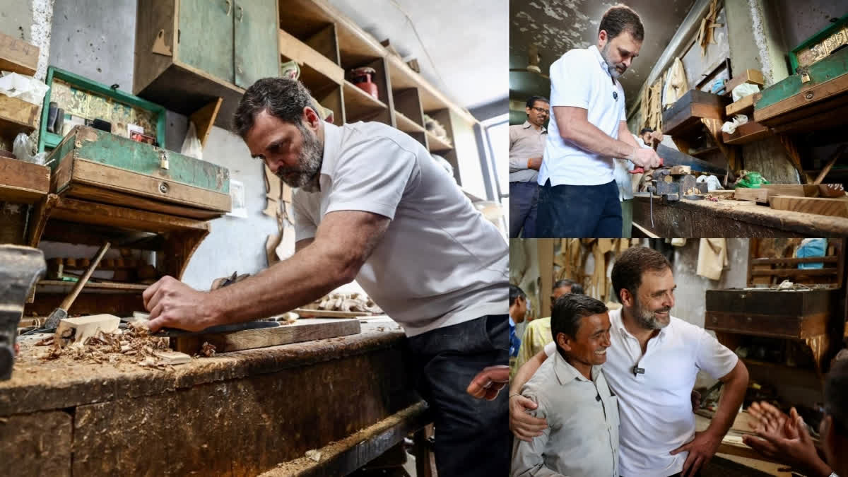Congress leader Rahul Gandhi on Thursday tried his hands at carpentry as he visited the Kirti Nagar furniture market here and interacted with craftsmen at work.