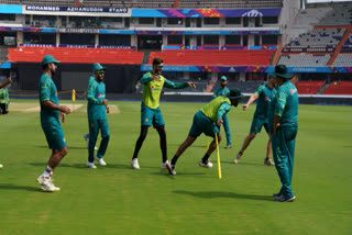 Pakistan Cricket team hit nets only after 12 hours of landing in Hyderabad at Rajiv Gandhi International stadium in Hyderabad.
