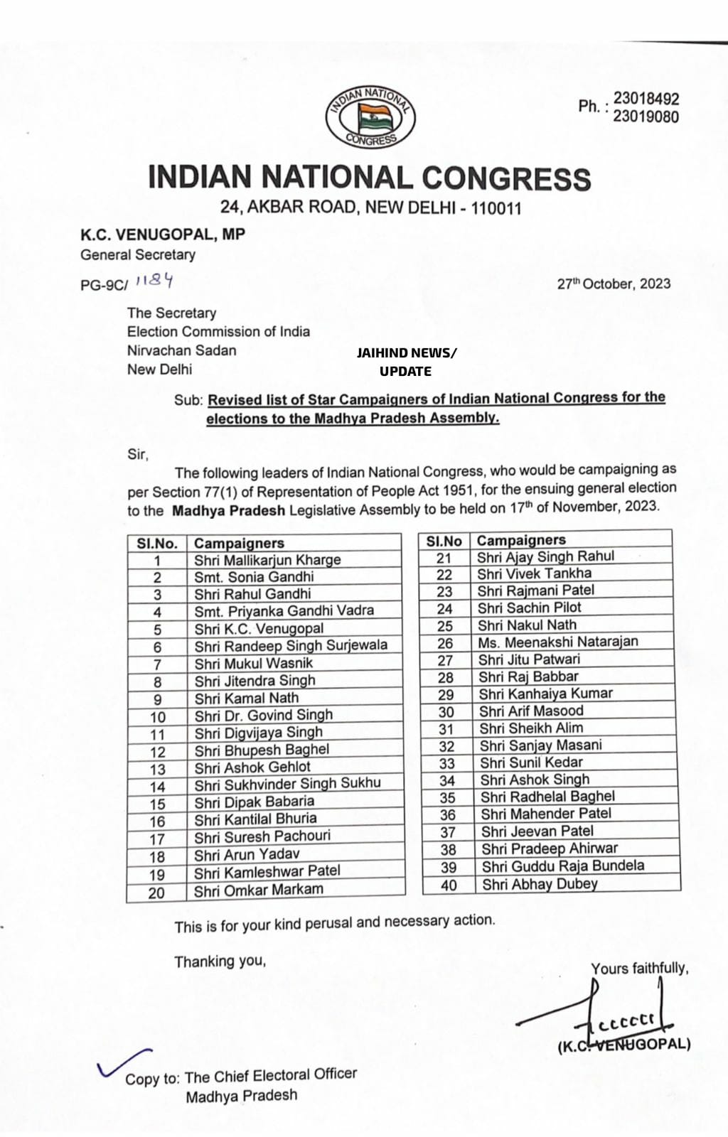 MP Congress Star Camapaigners List