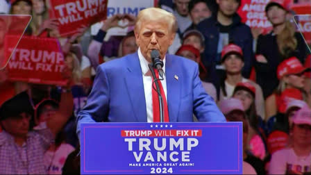 Former US President and Republican presidential candidate Donald Trump gestures as he speaks during a campaign rally at Madison Square Garden in New York, October 27, 2024.