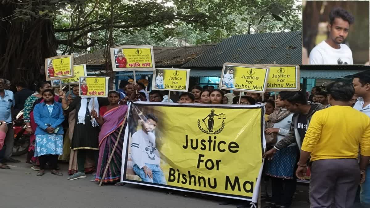 Crowd gathered outside the court demanding death penalty, inset shows the dead youth Vishnu Mal in white T-shirt