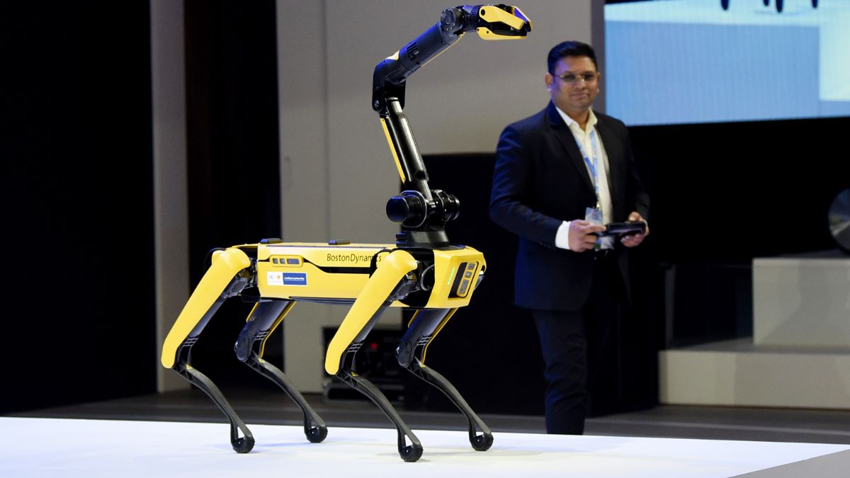 Boston Dynamics’ Spot robot dog at Auto Expo 2023 in Greater Noida