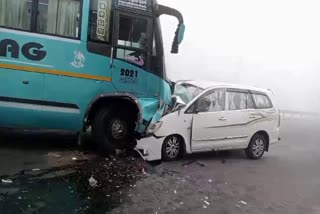 Bus and car collide due to fog