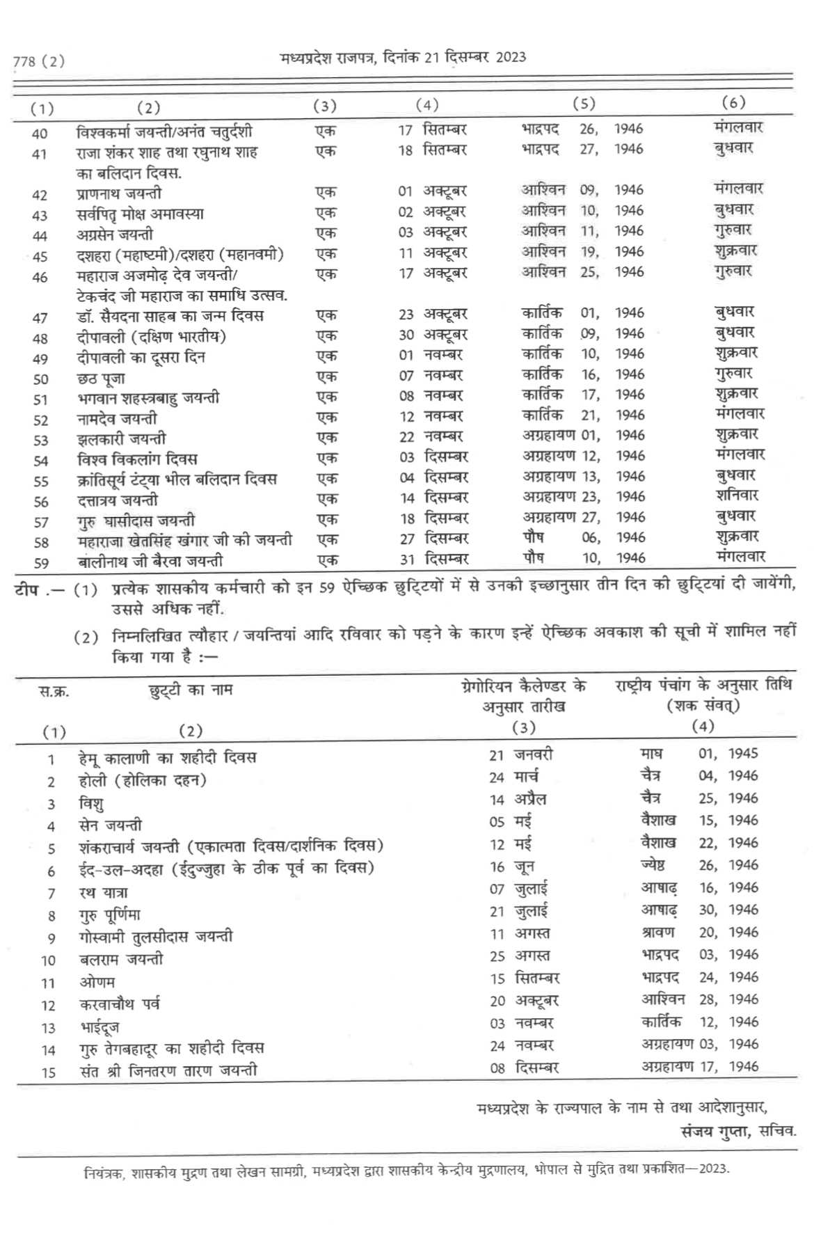 MP Holidays Calender