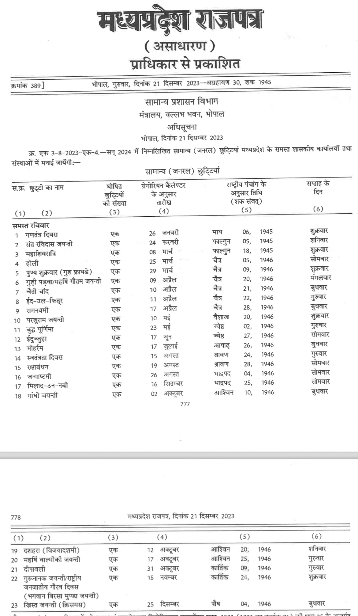 MP Govt Calendar for 2024