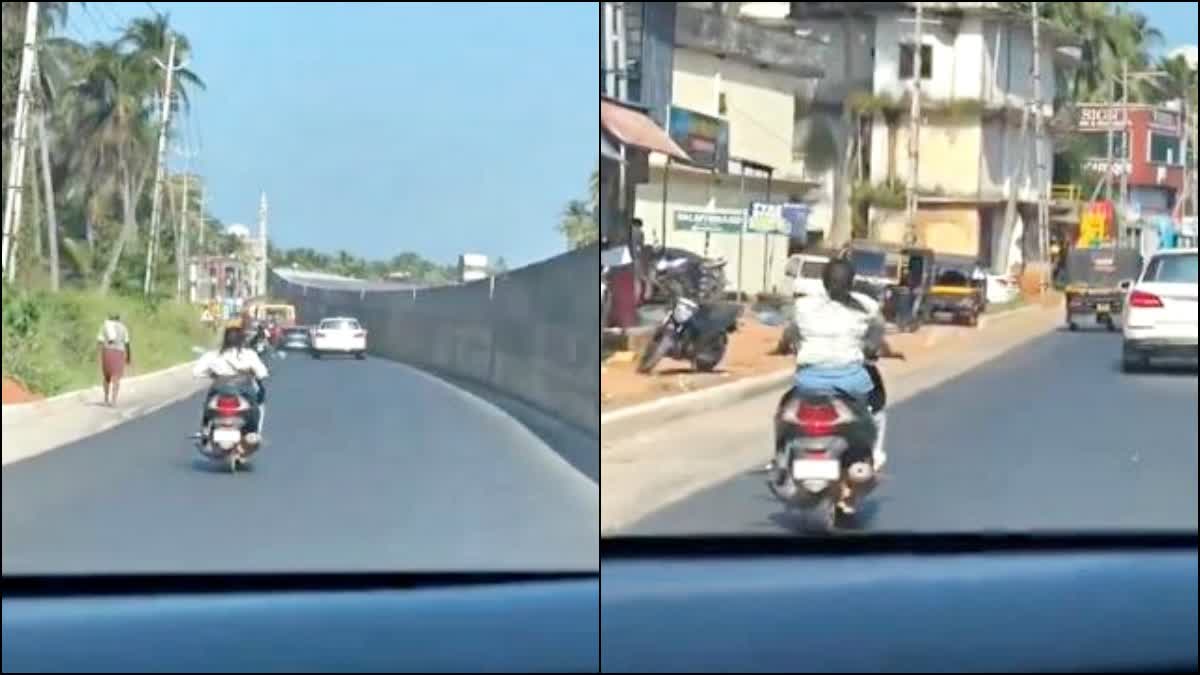 The girl performed dangerous stunts on a moving scooter on the road