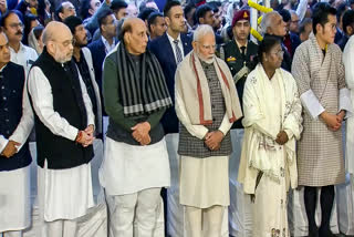 President Droupadi Murmu, Prime Minister Narendra Modi, Defence Minister Rajnath Singh, Union Home Minister Amit Shah and King of Bhutan Jigme Khesar Namgyel Wangchuck during state funeral of former prime minister Manmohan Singh, at the Nigambodh Ghat, in New Delhi, Saturday, Dec. 28, 2024.