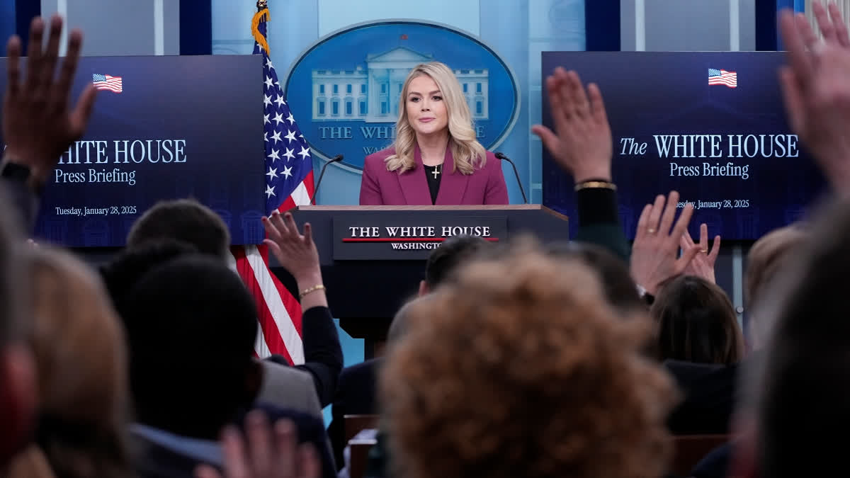 White House press secretary Karoline Leavitt speaks with reporters in the James Brady Press Briefing Room at the White House, Tuesday, Jan. 28, 2025, in Washington.