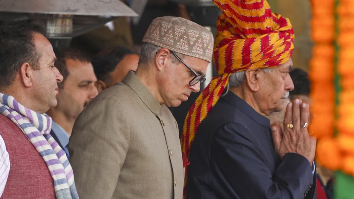 J&K LG Manoj Sinha with Chief Minister Omar Abdullah during Republic Day Parade, in Jammu, Sunday, Jan. 26, 2025.