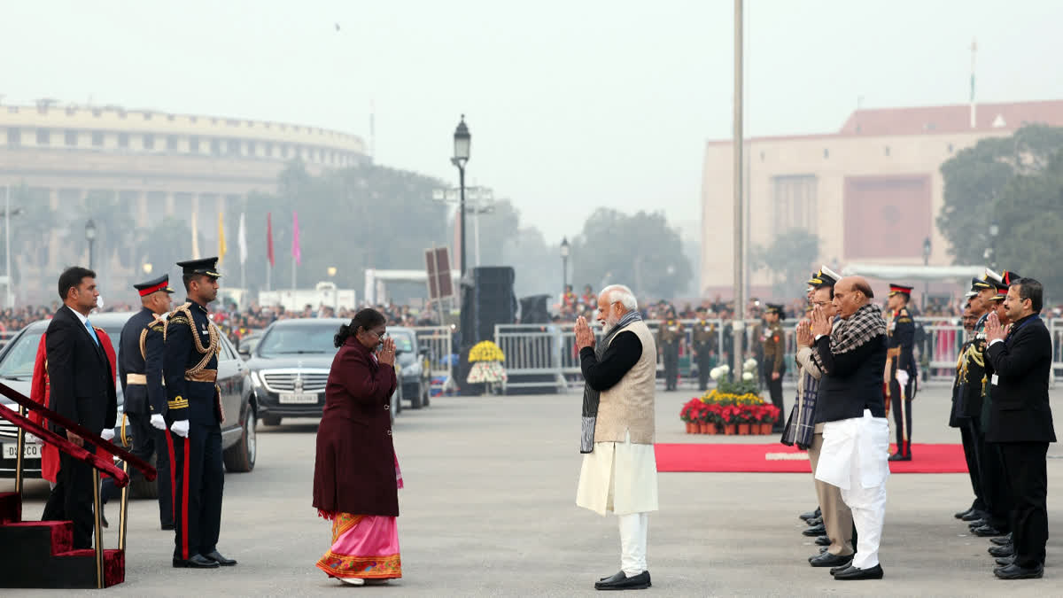 President Droupadi Murmu and Prime Minister Narendra Modi at Beating Retreat ceremony Vijay Chowk