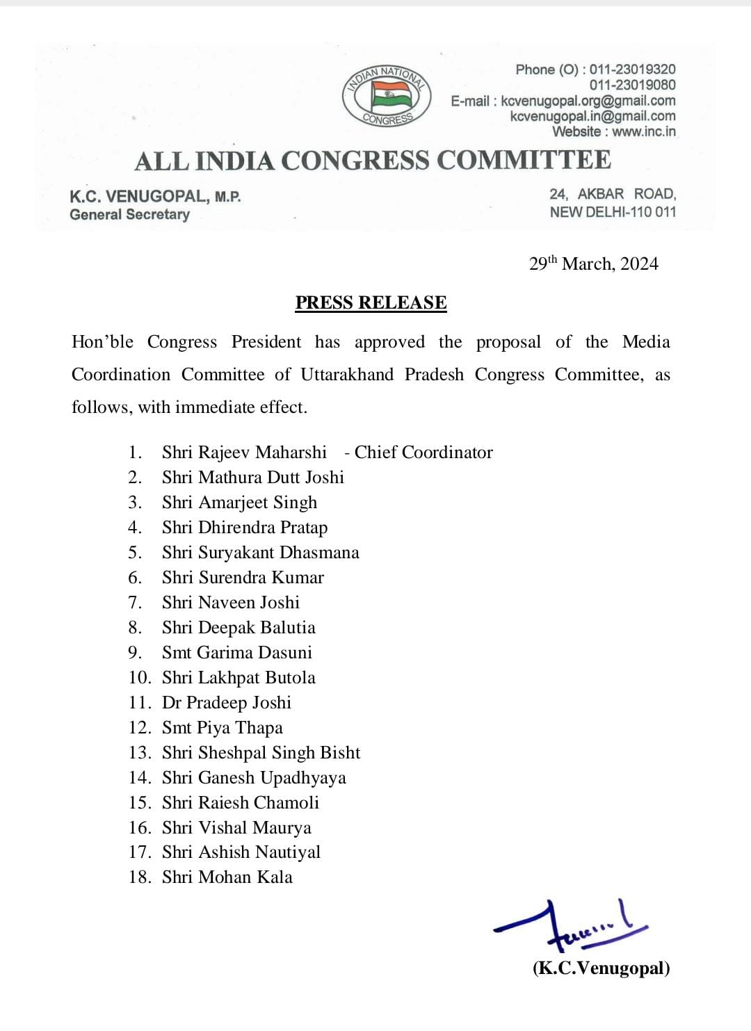 Congress appointed 18 media coordinators in Uttarakhand