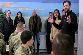 Vice President JD Vance, from right, and second lady Usha Vance, speak with soldiers at Pituffik Space Base in Greenland, Friday, March 28, 2025.